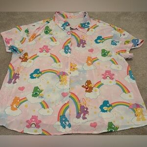Care Bears Rainbow Women’s XXL Short Sleeve  Button-Up Shirt Pastel Pink Spring